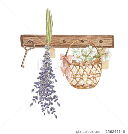 Cozy Wooden wall mounted coat rack with a bunch of lavender, wicker basket and key  136243148