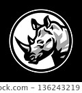 Rhinoceros head. Logo in a round frame on dark background. 136243219