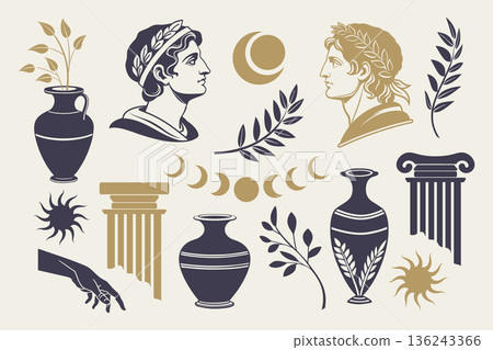 Collection of decorative elements inspired by ancient Greek and Roman mythology. Statues, columns, jugs, olive branches. 136243366