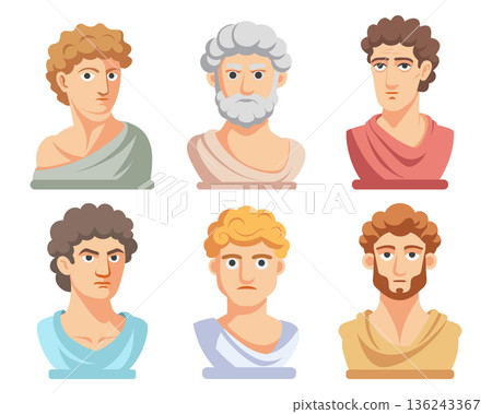 Collection of cute classical greek or roman male Busts. Modern stylized set of ancient sculptures. Flat illustration. Collection of cute classical greek or roman male Busts. Modern stylized set of ancient sculptures. Flat illustration. 136243367