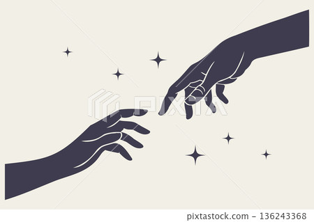 Two hands reaching out to each other. Celestial connection of outstretched arms in a starry embrace. Illustration. 136243368