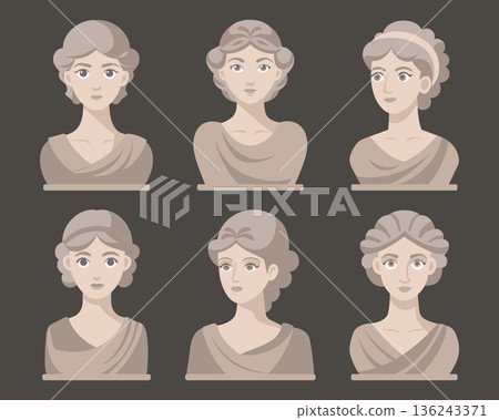 Collection of cute classical greek or roman female Busts. Modern stylized set of ancient sculptures. 136243371
