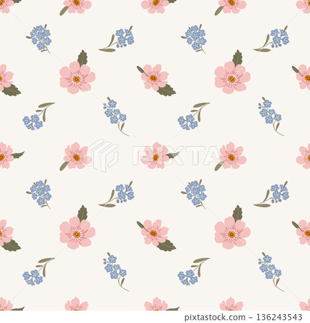 Seamless floral pattern with scattered pink and blue flowers and leaves 136243543