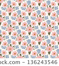 Seamless floral pattern with pink and blue flowers and leaves 136243546