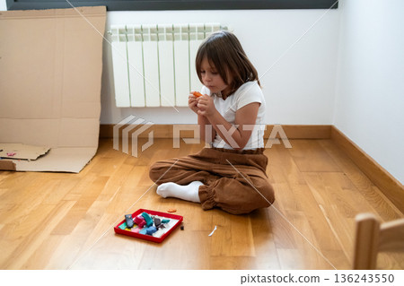 Young caucasian girl playing with colorful blocks in a minimalist room Young caucasian girl playing with colorful blocks in a minimalist room 136243550