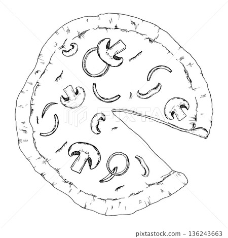 Black and white vector pizza with mushrooms and onion rings. Hand drawn vegetarian food in ink line art style for restaurant menus, packaging, cooking concepts and cuisine related designs 136243663