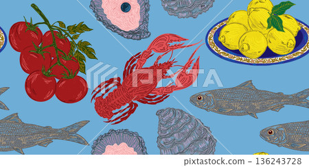 seamless pattern with fish and seafood 136243728