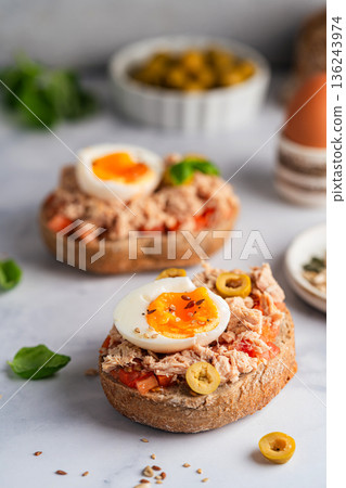 Tuna toast with boiled egg Tuna toast with boiled egg 136243974