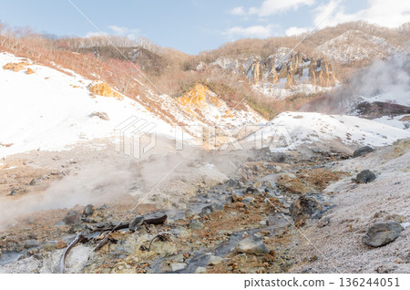 Volcanic steam rising from geothermal vents in Jigokudani Hell Valley 136244051
