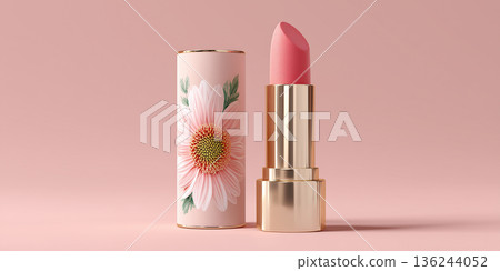 Pink lipstick and flowered tube for feminine beauty 136244052