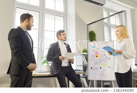 Team leaders listening to presenter by flipchart during office coaching session Team leaders listening to presenter by flipchart during office coaching session 136244090