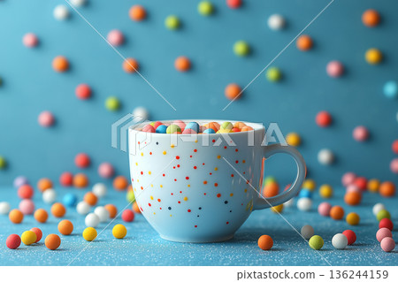 Colorful candies spilling from cheerful mug, celebration during shrove tuesday or maslenitsa copy space 136244159