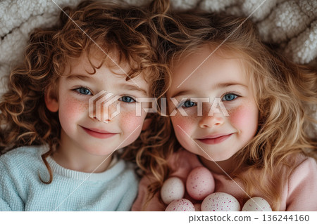 Redhead twin sisters resting on blanket, holding colorful easter eggs during festive holiday celebration, wearing matching outfits 136244160