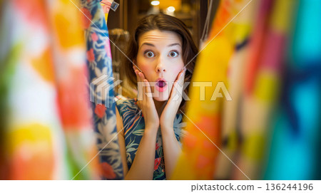 A surprised young woman, her mouth open and her hands on her face, stands between brightly colored dresses on hangers, as if peering out of a closet or dressing room. 136244196