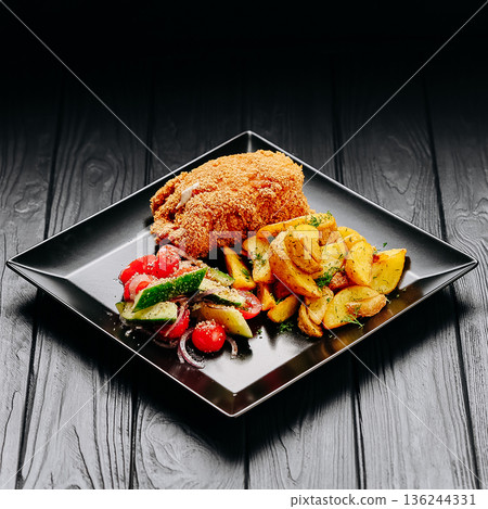 Breaded chicken cutlet with roasted potatoes and fresh salad on black plate, dark table Breaded chicken cutlet with roasted potatoes and fresh salad on black plate, dark table 136244331