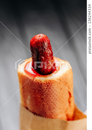 Creative hot dog in baguette with ketchup in paper bag on dark wooden background Creative hot dog in baguette with ketchup in paper bag on dark wooden background 136244334