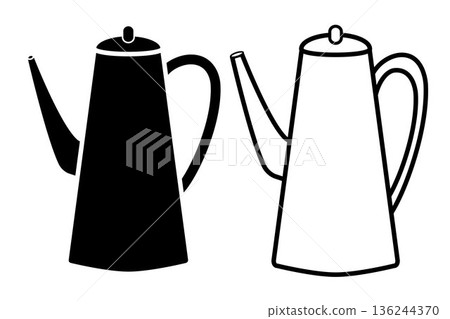 Coffee pot for brewing coffee icon. Black, white silhouette coffee pot full of coffee, isolated on white background. linear illustration, logo for coffee shop, hand drawn artwork 136244370