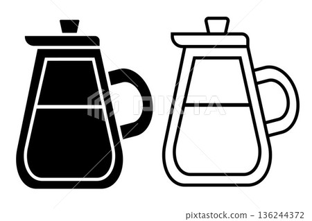 Coffee pot for brewing coffee icon. Black, white silhouette coffee pot full of coffee, isolated on white background. linear illustration, logo for coffee shop, hand drawn artwork 136244372