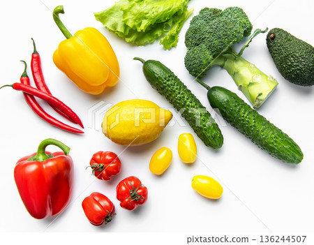 Fresh healthy vegetables and fruits promoting vegan eating lifestyle 136244507