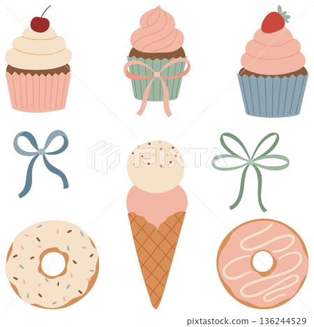 Cute sweets and ribbon bows vector set 136244529