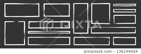 Frame brush rectangle set. Frame rectangle border brush stroke with chalk rough line and square shape. Hand drawn doodle pencil texture sketch outline border on blackboard. Vector Frame brush rectangle set. Frame rectangle border brush stroke with chalk rough line and square shape. Hand drawn doodle pencil texture sketch outline border on blackboard. Vector 136244684