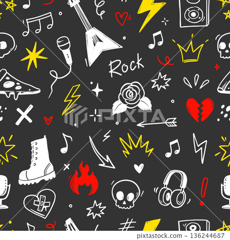 Rock music seamless pattern with guitar, skull, punk symbols. Hand drawn doodle grunge stickers with stars, roses and lightning bolts for rock music background, tattoo design. Vector 136244687