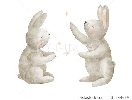 Rabbits catching stars, Easter bunnies. Watercolor illustrations in childish style. Hand-drawn hare image, isolated from background, for holiday cards, posters, tableware, clothing decor invitations Rabbits catching stars, Easter bunnies. Watercolor illustrations in childish style. Hand-drawn hare image, isolated from background, for holiday cards, posters, tableware, clothing decor invitations 136244689