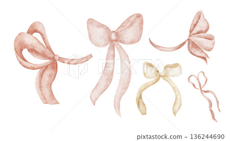 Set of bows pink beige colors. Watercolor illustration of silk ribbons in childish style. Hand-drawn image, isolated from background for birthday holiday cards, posters, decor, invitations, greeting Set of bows pink beige colors. Watercolor illustration of silk ribbons in childish style. Hand-drawn image, isolated from background for birthday holiday cards, posters, decor, invitations, greeting 136244690