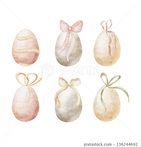 Easter eggs decorated bows ribbons. Watercolor illustration in childish style. Hand-drawn image, isolated from background for birthday holiday postcards tableware clothing decor invitations greeting Easter eggs decorated bows ribbons. Watercolor illustration in childish style. Hand-drawn image, isolated from background for birthday holiday postcards tableware clothing decor invitations greeting 136244692