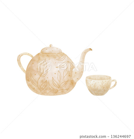 Tea set, ceramic cup, teapot, hand-drawn watercolor illustration in childish style. Element isolated from background for Easter, birthday, holiday cards, posters, clothing, decor, invitations greeting 136244697