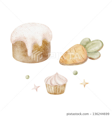 Kulich, cupcake, Easter cake food, carrot cookies. Watercolor illustrations in childish style. Hand-drawn image, isolated from background for holiday cards, posters tableware clothing decor greeting 136244699
