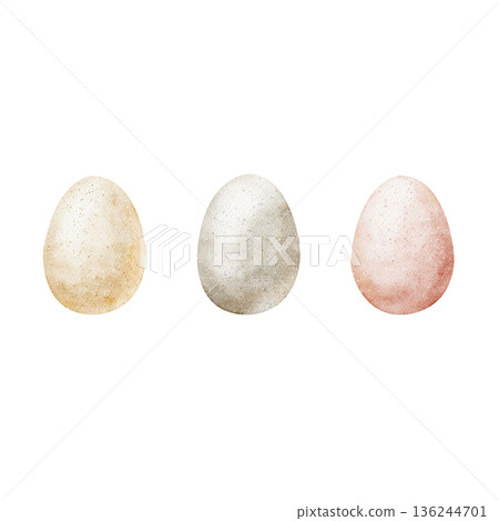 Easter eggs chicken in pink gray yellow color. Watercolor illustrations in childish style. Hand-drawn isolated from background for holiday cards posters tableware clothing decor, invitations greetings 136244701