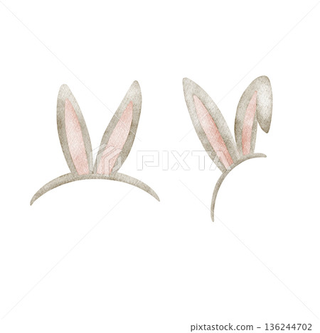 Bunny ears, party headband. Watercolor Illustrations hare in childish style. Hand-drawn image, isolated from background for Easter, Christmas birthday holiday cards posters decor invitations greetings 136244702