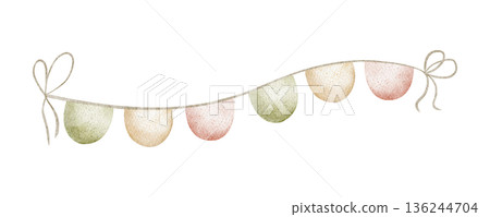 Party garland with round flags. Watercolor illustration in childish style. Hand-drawn image, isolated from background for Easter birthday holiday cards, posters, clothing, decor, invitations, greeting 136244704
