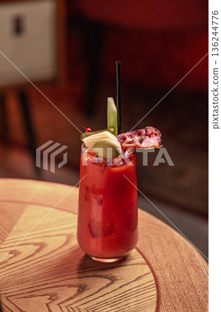 Bloody mary style cocktail with savory garnish Bloody mary style cocktail with savory garnish 136244776