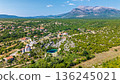 Iconic Eye of the Earth spring karst sinkhole source of Cetina River Croatia aerial view 136245021