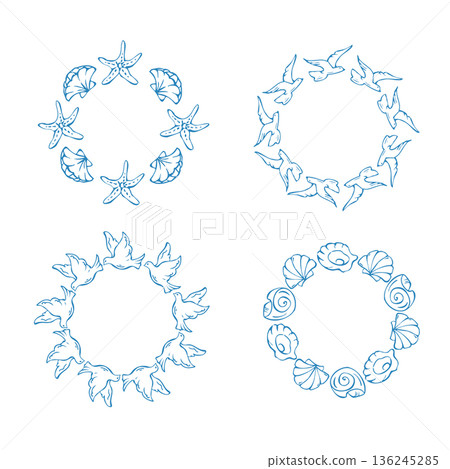 Set of outline blue round frames with starfish, seashells and birds 136245285