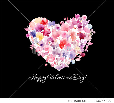 Heart of watercolor flowers on a black background. Happy Valentine s Day. Hand drawn. Not AI, vector illustration. Heart of watercolor flowers on a black background. Happy Valentine s Day. Hand drawn. Not AI, vector illustration. 136245490
