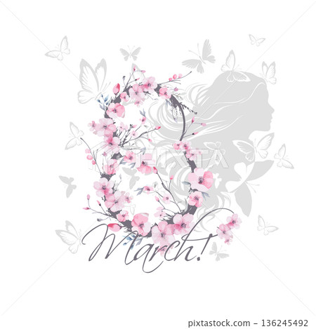 Postcard for March 8. Happy Women's Day. Beautiful cherry blossom flower vector illustration. Hand drawn. Not AI, Postcard for March 8. Happy Women's Day. Beautiful cherry blossom flower vector illustration. Hand drawn. Not AI, 136245492
