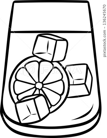 Alcoholic drink icon, whiskey on the rocks with lemon. Black and white doodle sketch for cocktail menu, packaging or beverage branding Alcoholic drink icon, whiskey on the rocks with lemon. Black and white doodle sketch for cocktail menu, packaging or beverage branding 136245670