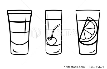 Alcoholic shots set, B-52 cocktail, vodka with lemon, drink with cherry. Simple black and white icons in doodle and sketch style Alcoholic shots set, B-52 cocktail, vodka with lemon, drink with cherry. Simple black and white icons in doodle and sketch style 136245671