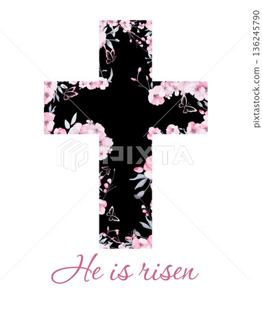 Religious cross with sakura flowers. He is risen Hand drawn. Not AI, vector illustration. He is risen Hand drawn. Not AI, vector illustration 136245790