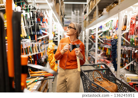 Woman shopping for tools in a hardware store, exploring options for DIY projects during the day Woman shopping for tools in a hardware store, exploring options for DIY projects during the day 136245951