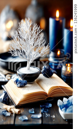 Intimate Winter Tableau With Candles And Crystals, Seasonal Still Life Featuring Frosted Foliage And Glowing Candles 136245999