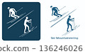 Ski Mountaineering. Two figures skiing downhill and climbing uphill with poles. 136246026