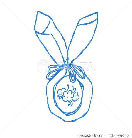 An Easter egg wrapped in a bunny-ear napkin. An element of Easter holiday table setting. Vector outline illustration in blue. Clipart An Easter egg wrapped in a bunny-ear napkin. An element of Easter holiday table setting. Vector outline illustration in blue. Clipart 136246032