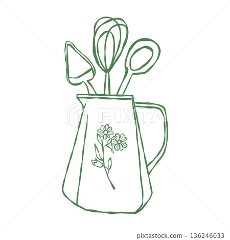 A pitcher with kitchen utensils. Vector green outline illustration. A teapot, a vase with a whisk, a spatula, and a spoon. Line drawing A pitcher with kitchen utensils. Vector green outline illustration. A teapot, a vase with a whisk, a spatula, and a spoon. Line drawing 136246033