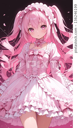 Illustration of a girl wearing a pink Lolita fashion dress Illustration of a girl wearing a pink Lolita fashion dress 136246199