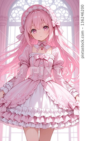 Illustration of a girl wearing a pink Lolita fashion dress 136246200