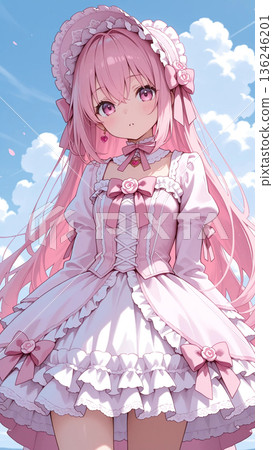 Illustration of a girl wearing a pink Lolita fashion dress 136246201